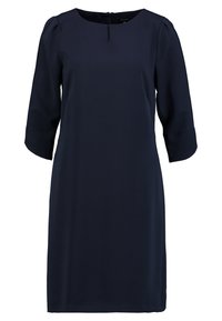 Vestido azul marino hasta la rodilla con mangas de tres cuartos, escote redondo y un pequeño cierre de cremallera en la parte posterior.