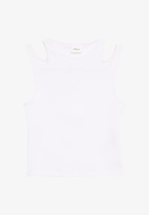 Biała bezrękawnikowa bluzka z wycięciami na ramionach, wykonana z mieszanki bawełny, z okrągłym dekoltem i gładką fakturą. Widoczna metka marki.