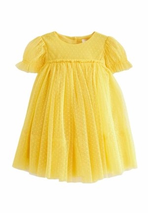 Gelbes Kleid mit ballonartigen Ärmeln, gefertigt aus leichtem Tüll, mit gepunktetem Muster und einem gerafften Rock für Volumen und Struktur.