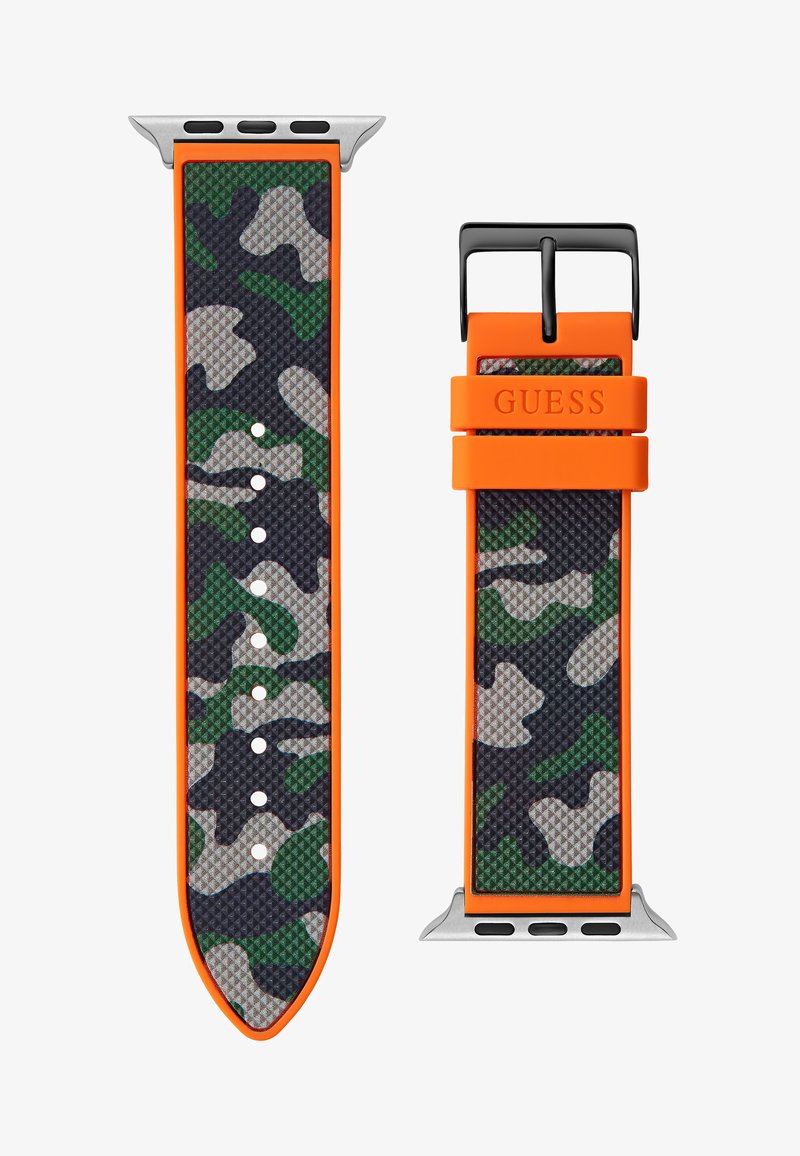 Zöld camo mintás gumis óraszíj narancssárga kiemeléssel és csattal. Texturált felület több méretállító lyukkal a rugalmas mérethez.