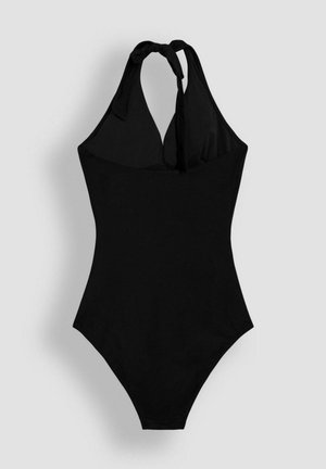 Sort halterneck badedragt med en bundet halsrem, glat tekstur og ensfarvet design. Den har en tætsiddende pasform og moderat udskæring ved benåbningerne.