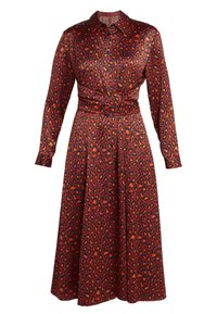 Robe midi en satin rouge avec manches longues, col pointu, taille cintrée et motif léopard orange et noir.
