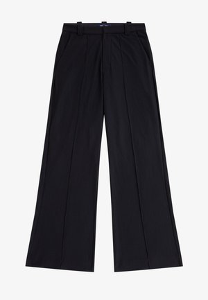 Pantalon large noir taille haute avec passants de ceinture, plis à l'avant et poches latérales, fabriqué en tissu côtelé.