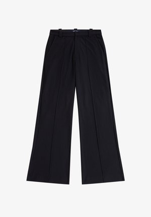 Pantalon large noir taille haute avec passants de ceinture, plis à l'avant et poches latérales, fabriqué en tissu côtelé.