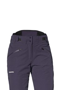 Fialové venkovní kalhoty s hladkým povrchem, obsahující dvě přední kapsy na zip, zapínání na knoflík a háček a nastavitelný pas.