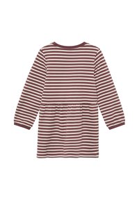 Sukienka w paski z długim rękawem w ciemnoczerwonym i kremowym kolorze, z marszczonym paskiem w talii, okrągłym dekoltem i teksturowaną tkaniną.