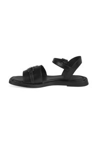 Black leather sandal with two wide straps across the foot and an adjustable ankle strap. Flat sole with minimalistic design and no patterns.