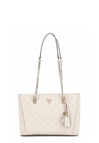 Sac fourre-tout rose pâle avec un motif texturé, des anses en chaîne argentées et des accents métalliques, comportant une plaque logo et un charme amovible.