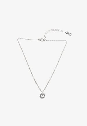 Silver chain necklace with a round pendant featuring multiple small, clear stones arranged in a floral design. Adjustable length clasp.