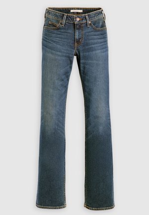 Jeans bootcut in denim blu con tasche frontali, passanti per cintura e dettagli sbiaditi su cosce e ginocchia.