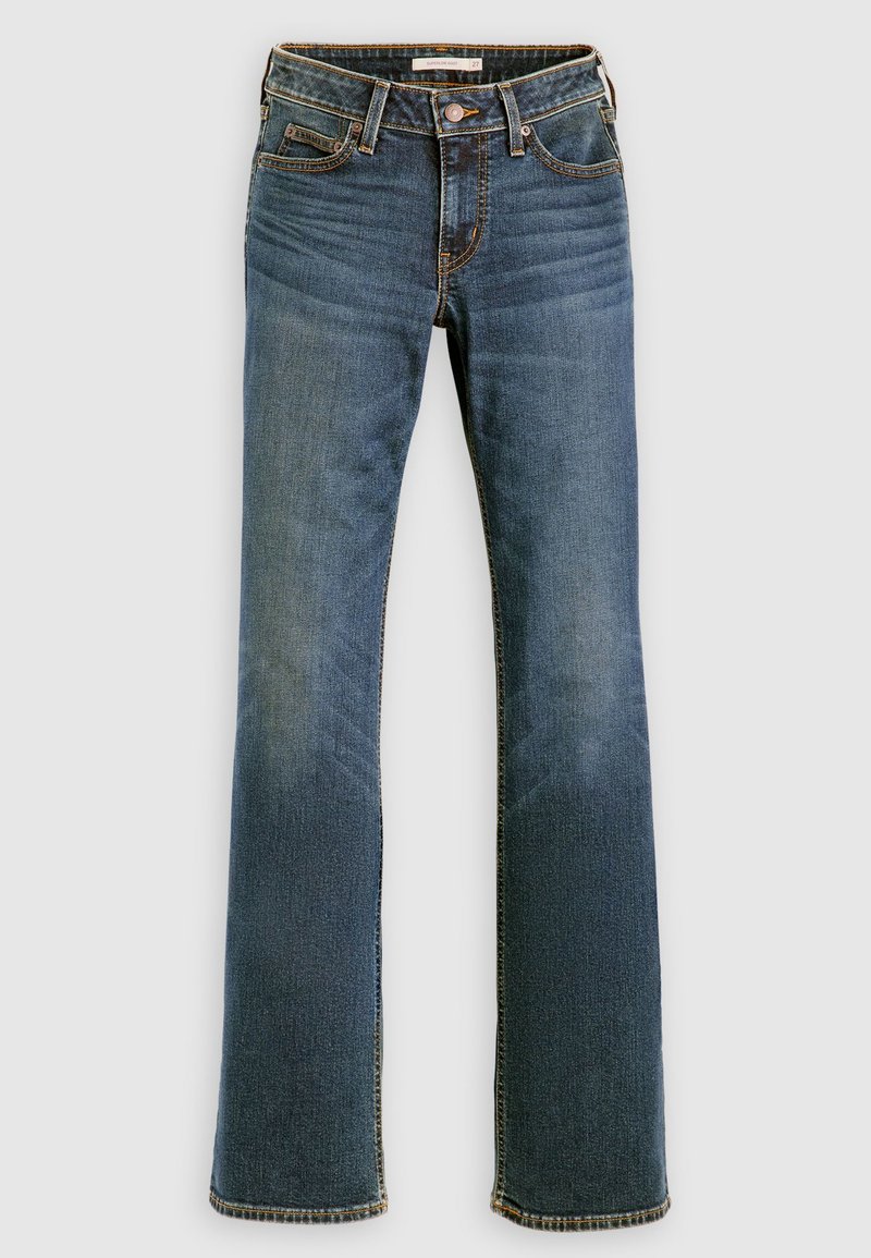 Blue denim bootcut jeans with front pockets, belt loops, and faded detailing on thighs and knees.
