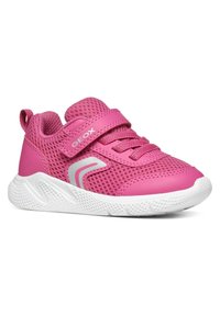 Pink mesh athletic shoe with a velcro strap, white rubber sole, and silver accents. Features a breathable upper and textured outsole.