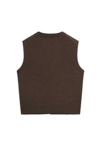 Gilet en tricot marron foncé sans manches avec ourlet côtelé et encolure ronde, posé à plat montrant le dos.
