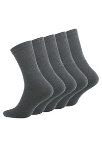 Calze di cotone grigio scuro, cinque paia, con risvolti a coste e una texture liscia. Lunghezza standard con talloni e punte rinforzati.