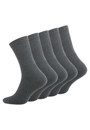 Dunkelgraue Baumwollsocken, fünf Paare, mit gerippten Bündchen und glatter Textur. Standardlänge mit verstärkten Fersen und Zehen.