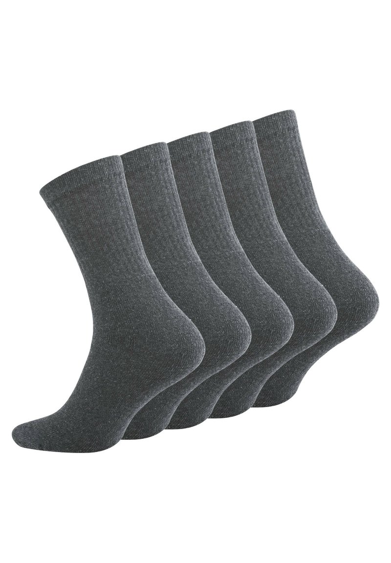 Calze di cotone grigio scuro, cinque paia, con risvolti a coste e una texture liscia. Lunghezza standard con talloni e punte rinforzati.
