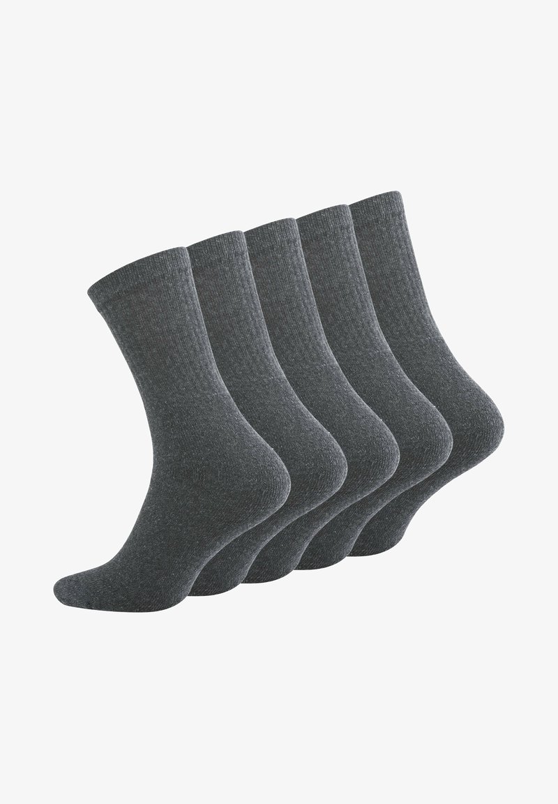Calze di cotone grigio scuro, cinque paia, con risvolti a coste e una texture liscia. Lunghezza standard con talloni e punte rinforzati.