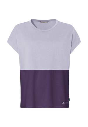 Short-sleeve t-shirt with a light purple top and dark purple bottom, made of soft fabric. Features a round neckline and a small logo.