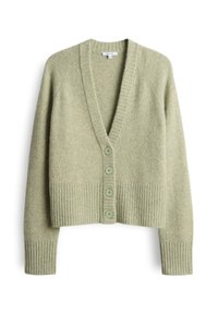 Lichtgroene wollen cardigan met een diepe V-hals, geribbelde textuur en vijf knopen aan de voorkant. Heeft lange mouwen en een cropped lengte.
