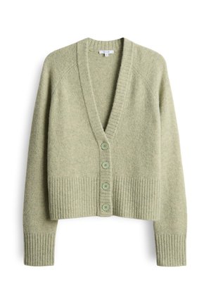 Light green wool cardigan with a deep V-neck, ribbed texture, and five buttons down the front. Features long sleeves and cropped length.