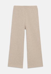 Beige wide-leg pants made from soft, lightweight fabric, featuring an elastic waistband and no visible pockets or fasteners.