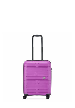 Purple hard-shell luggage with horizontal grooves, retractable handle, and four wheels for mobility. Features a logo near the zipper.