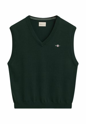 Grüner ärmelloser Sweater-Style mit V-Ausschnitt, geripptem Halsausschnitt und Saum, mit einem kleinen gestickten Logo auf der Brust.