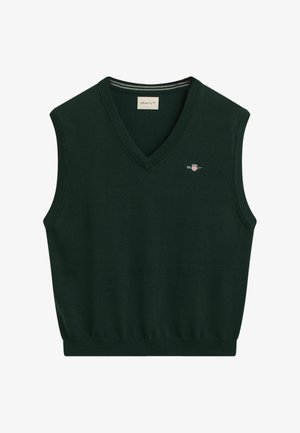 Grüner ärmelloser Sweater-Style mit V-Ausschnitt, geripptem Halsausschnitt und Saum, mit einem kleinen gestickten Logo auf der Brust.