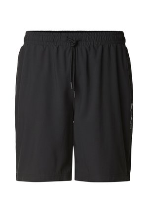 Pantalones cortos negros con cintura elástica, cordón ajustable, bolsillos laterales y un detalle sutil de logotipo en la pierna derecha.