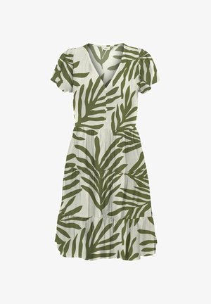 Green leaf-patterned dress in lightweight fabric, featuring a deep V-neck, short sleeves, button closure, and tiered skirt design.