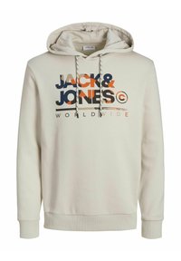 Sudadera color crema con cordón, que presenta un estampado gráfico audaz en navy, naranja y negro. Los puños y el dobladillo acanalados ofrecen un ajuste ceñido.