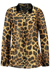 Long-sleeve, sheer blouse featuring a leopard print pattern in gold and black, with a glossy black collar and button front closure.