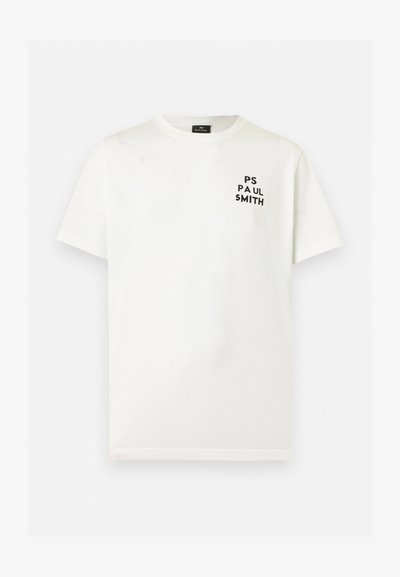 Λευκό κοντομάνικο T-shirt με στρογγυλή λαιμόκοψη και μαύρο κείμενο "PS PAUL SMITH" στο αριστερό στήθος.
