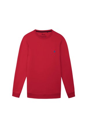 Rode crewneck sweatshirt van katoen, met lange mouwen en een klein blauw boompje logo op de linker borst. Zachte textuur en geribde manchetten.