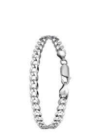 Silberne Kettenarmband mit ineinandergreifenden Gliedern, glatter Oberfläche und einem Karabinerverschluss. Schlichte, polierte Optik ohne Muster.