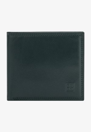 Dark green leather wallet with a smooth texture and stitched edges. Features a debossed logo in the bottom right corner. Bi-fold design.