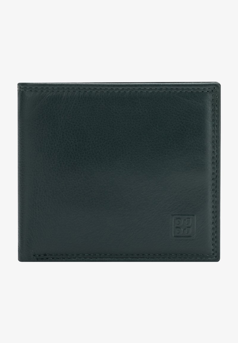 Dunkelgrünes Lederportemonnaie mit glatter Oberfläche und genähten Kanten. Verfügt über ein eingeprägtes Logo in der unteren rechten Ecke. Bi-Fold-Design.