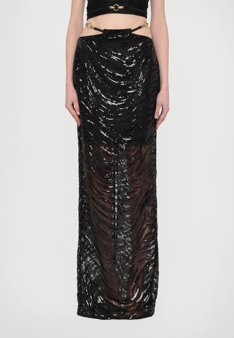 Black sequined skirt with a wavy texture, floor-length, sheer sections, and a decorative waistband featuring gold accents.
