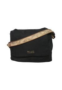 Borsa a tracolla nera con chiusura a pattina, logo dorato "1ª CLASSE" e tracolla regolabile con design di mappa vintage.