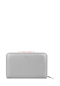Silver wallet with a textured finish, featuring a pink, polka-dotted accent on top. Includes a zipper pull for closure.