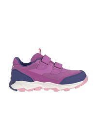 Rosa og lilla joggesko med mesh-overdel, to justerbare borrelåsremmer, tykk hvit mellomsåle og en teksturert gummisåle.