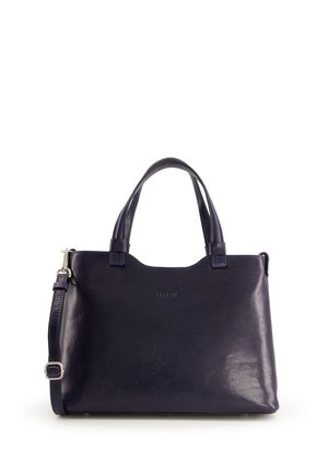 Navy leather handbag with twin handles, a detachable shoulder strap, smooth texture, and a subtle logo embossed on the front.