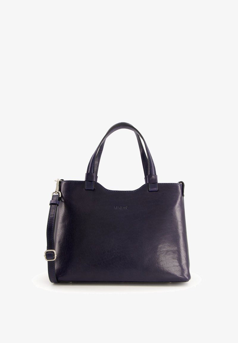Sac à main en cuir marine avec deux poignées, une bandoulière détachable, une texture lisse et un logo subtil embossé à l'avant.
