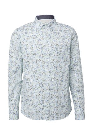 Lichtblauw overhemd met lange mouwen, voorzien van een bloemenpatroon met groene en blauwe accenten, een button-down kraag en effen manchetten. Ontworpen in een slim fit.