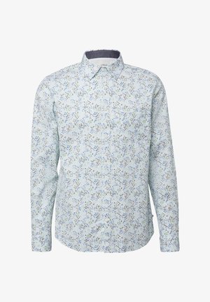 Lichtblauw overhemd met lange mouwen, voorzien van een bloemenpatroon met groene en blauwe accenten, een button-down kraag en effen manchetten. Ontworpen in een slim fit.