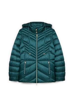 Veste rembourrée teal avec capuche, fermeture éclair avant, boutons-pression au col, cordons de serrage et deux poches latérales zippées.