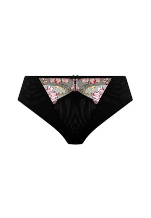 Culotte transparente noire avec broderie florale rose et jaune à l'avant et un petit nœud au centre de la ceinture.