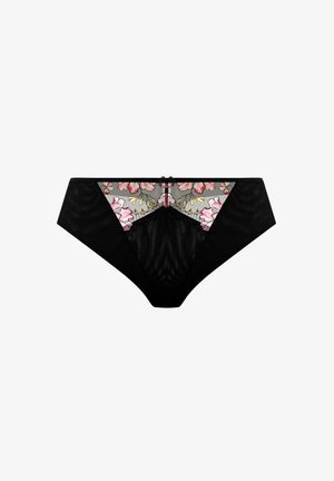Culotte transparente noire avec broderie florale rose et jaune à l'avant et un petit nœud au centre de la ceinture.