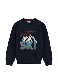 Jūras spēku džemperis ar uzrakstu "Les Alpes" un kalnu grafikām, "SKI" zilā un sarkanā krāsā, ribotām piedurknēm un apaļu kakla izgriezumu. Mīksta kokvilnas auduma.