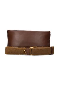 Brown leather bag with a textured brown fabric strap. Features a gold buckle and a minimalist design, rectangular shape. Smooth surface.